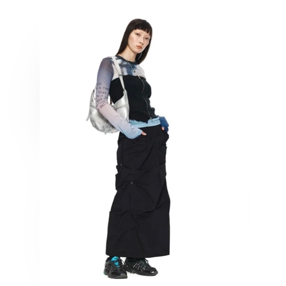 MATIN KIM Hybrid Shirring Nylon Maxi Skirt in Black